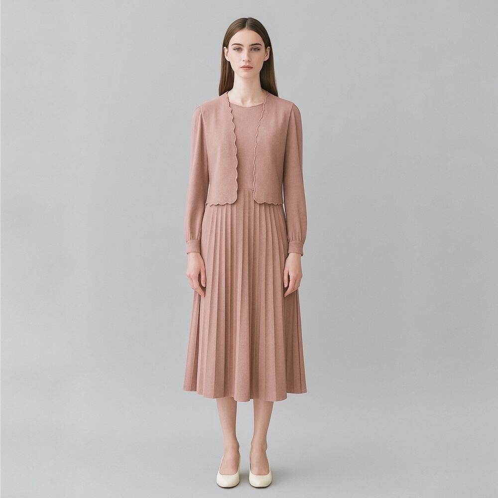 Vintage 70s Dusty Rose Midi Dress with Scalloped‎ Vest Pleated Skirt Size 12